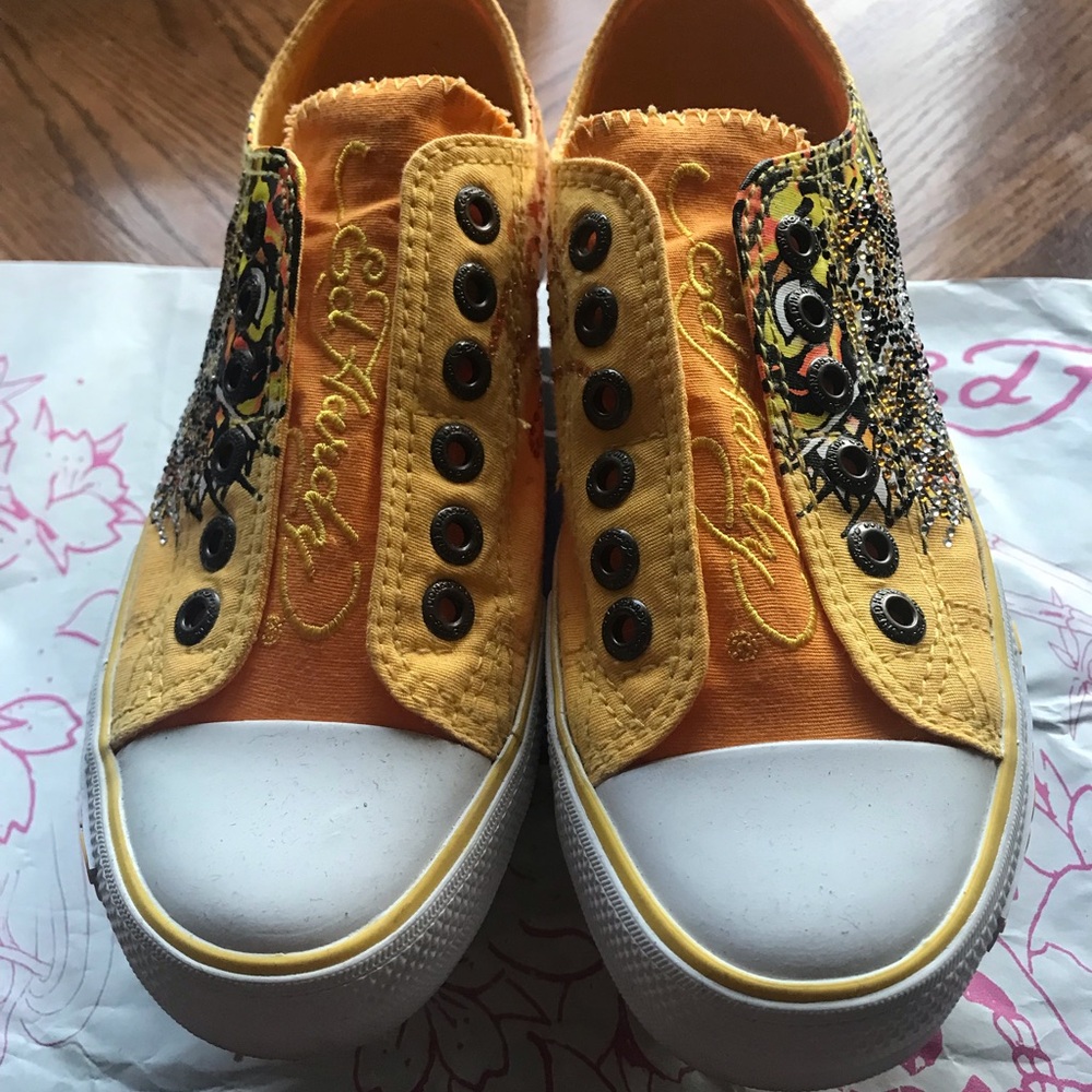 Ed Hardy Yellow/Orange Women Canvas Sneakers - Picture 3 of 14